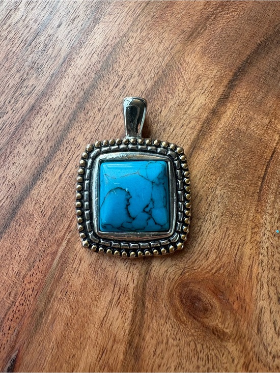 Jewelry - Turquoise Square Statement Pendant in a Silver and Gold Tone Setting